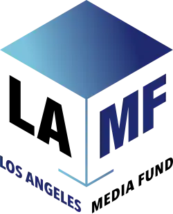A cube is in the middle and the top is only materialized, with the sides of the cube on the bottom of the top outlined, with a color gradient from bottom left to top right, with the colors light and dark blue respectively. The letters "LA" and "MF" are on both sides, with "LA" black and "MF" blue. Underneath the letters with reverse coloring read "Los Angeles Media Fund".