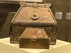 The Lough Erne Shrine, 11th century. The smaller but similar shrine was found inside the larger container.[58]