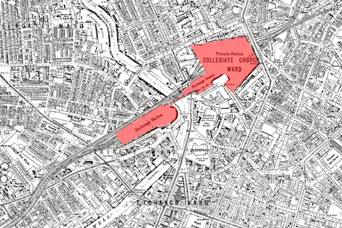An Ordnance Survey map from 1889 showing the Manchester Exchange and Victoria station complex (note the platform link over the River Irwell)