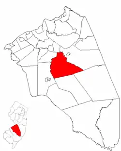 Southampton Township highlighted in Burlington County. Inset map: Burlington County highlighted in the State of New Jersey.