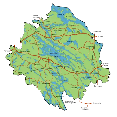 A map showing the position of Kermajärvi in the middle of Heinävesi