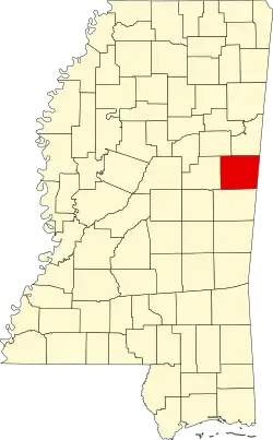 Map of Mississippi highlighting Noxubee County