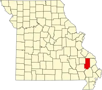 A state map highlighting Bollinger County in the southeastern part of the state.