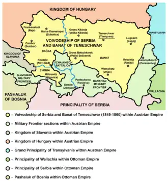Map of Military Frontier sections in Banat, Syrmia, and Bačka in 1849 - Banatian and Slavonian military frontier and Schajkasch Battalion