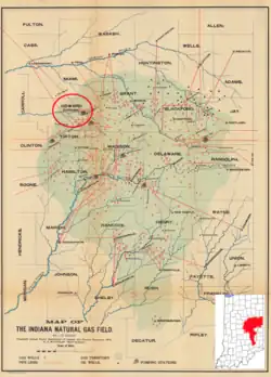 old map of gas field in Indiana with Kokomo circled