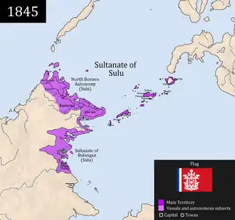 Map showing the extent of the Sultanate of Sulu in 1845, with Northeast Borneo lowlands being under its nominal control.