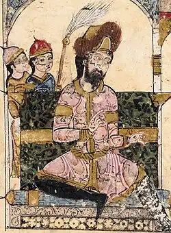 Maqama 38: the Governor of Merv, wearing the Turkic sharbūsh.[38][36]