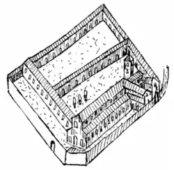 Black and white drawing of a block of buildings including a church.