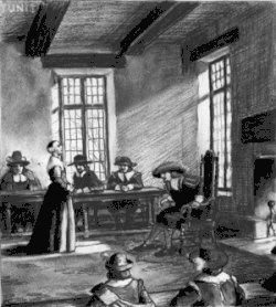 A 17th century woman before a general assembly