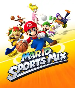 Cover art, depicting eight playable characters (Mario, Luigi, Princess Peach, Yoshi, Wario, Waluigi, Bowser, and Diddy Kong) on a basketball court with basketballs, a volleyball, a dodgeball, and a hockey stick