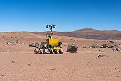 Bridget the rover, pictured here with Paranal Observatory in the background, 2013. ESA's ExoMars mission is acting as the reference mission for the trial.