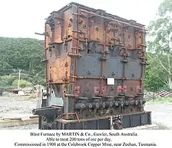 Surviving lower portion of a water jacket furnace, Zeehan, Tasmania. It was manufactured by James Martin & Co, and commissioned in 1908.
