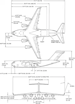 3-view line drawing of the McDonnell Douglas C-17A Globemaster III