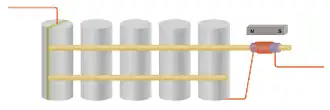 A chain of five upright cylindrical resonators. They are coupled together with two horizontal rods both attached to the same side of the resonators. The input transducer is of the type in figure 4c and the output transducer is of the type in figure 4a. This last has a small bias magnet nearby.