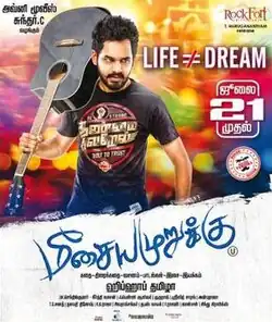 A young men, who were a black t-shirt, have a black guitar on his right shoulder. There is also the tagline: Life ≠ Dream.