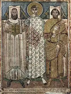 Mosaic of St Demetrius between the eparch and the bishop (7th)