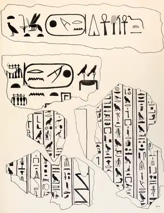 Drawing in black ink on yellow paper of pieces of hieroglyphic inscriptions