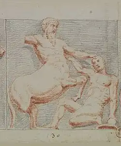 Ancient drawing of a fight between a man and a centaur.