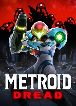 Samus Aran stares at the camera in her signature pose while 7 E.M.M.I.s look at her from behind.