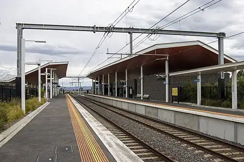 Middle Gorge station Platform 2 looking north-east, showing the two station buildings on each platform
