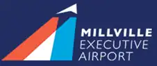 Triangular airplane shape with red, white & blue contrails and the words "Millville Executive Airport"