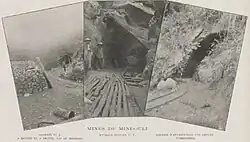 Mindouli Mines: Gallery N° 5 on the left and right, heap of ores and Decauville rail track. Attack gallery at Tchikoumba cave, ca 1910[1]