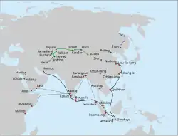 Yishiha's voyages in the context of military and diplomatic activities in the Yongle era of the Ming dynasty. Yishiha's route is in blue, along with those of Zheng He (in black) and Chen Cheng (in green).