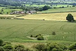 A green field with a depression in the centre right; a result of mining subsidence
