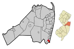 Location of Manasquan in Monmouth County highlighted in red (left). Inset map: Location of Manasquan County in New Jersey highlighted in orange (right).