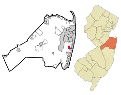 Location of Wanamassa in Monmouth County highlighted in red (left). Inset map: Location of Monmouth County in New Jersey highlighted in orange (right).