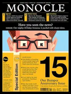 Illustrated cover of Monocle's 15th anniversary issue showing a man reading