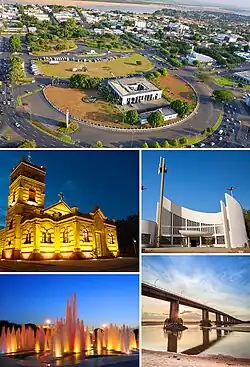 Above:Aerial view of Central Civic Square (Praça dos Centro Cívico) and Helio Campos Palace (Paço dos Helio Campos), Middle:Boa Vista Matriz Church (Paróquia Matriz de Nossa Senhora do Carmo), Boa Vista Cristo Redentor Cathedral (Diocese de Roraima), Bottom:A fountain in Águas Square (Praça das Águas), Macuxis Bridge (Ponte dos Macuxis), all items from left to right