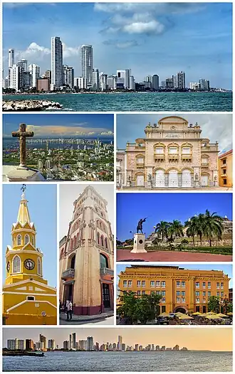 Top: Bocagrande Harbor. Second row: View of Santa Cruz Manga Island, Heredia Theatre. Third row: ClockTower (Torre del Reloj), Cloister of San Agustín (University of Cartagena), San Felipe Barajas Castle (Castillo de San Felipe de Barajas) (above), Charleston Hotel (below). Bottom: City Skyline.