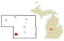 Location of Greenville within Montcalm County and the state of Michigan