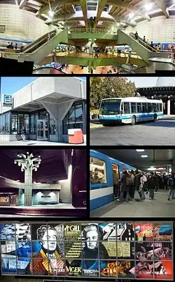 Top: Lionel-Groulx station and STM logo. Prior to 2002, it was referred to as STCUM. Second row: Honoré-Beaugrand station, a 1996 NovaBus LFS "167 Le Casino" leaving the Montreal Biosphère and heading to the Casino de Montréal. Third row: Georges-Vanier station, Berri–UQAM station. Bottom: Montreal's first two mayors, Jacques Viger and Peter McGill, in stained glass in the McGill Station of the Montreal Metro.