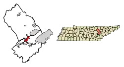 Location of Harriman in Roane County, Tennessee.