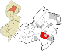 Location of Morris Township in Morris County highlighted in red (right). Inset map: Location of Morris County in New Jersey highlighted in orange (left).