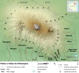 Map of Kilimanjaro showing 15 of the largest states as of 1964