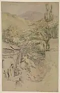 'Mountain-landscape with watermill', 1858; drawing with pencil and watercolor