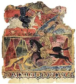 Horseriders in Mongol attire. Mu'nis al-ahrar, right frontispiece (fragment), 1341.[9]