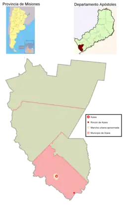 The municipality and village of Azara in the province of Misiones, the small dot represents the town of Rincón de Azara