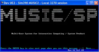 A terminal window showing white text on a black background. An ASCII art logo reads MUSIC/SP and is captioned below as Multi User System for Interactive Computing / System Product.