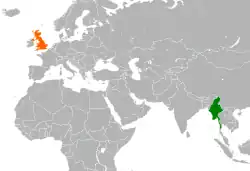 Map indicating locations of Myanmar and United Kingdom