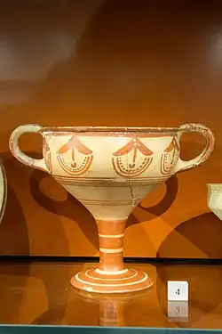 A drinking-cup with a tall stem and two handles, made from buff terracotta and decorated with horizontal bands and schematic floral designs