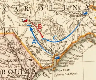 Moore moves from Wilmington, in the southeast of the state, northwest toward Cross Creek in the south-central part. Caswell moves south from New Bern, inland from the middle of the North Carolina coast, toward Corbett's Ferry. MacDonald moves over the Cape Fear River, then southeast toward Corbett's Ferry.