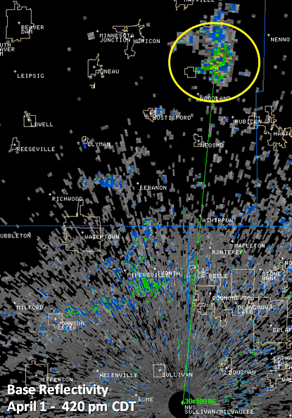 Image 6Wind farm interference (in yellow circle) on radar map (from Wind farm)