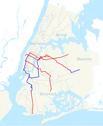 Map of New York City Subway lines where CBTC is being installed or where CBTC is active