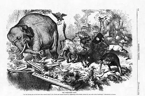 An 1874 cartoon by Thomas Nast, featuring the first notable appearance of the Republican elephant[82]