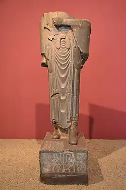 Egyptian statue of Darius I, as Pharaoh of the Twenty-seventh Dynasty of Egypt;[91] 522–486 BCE; greywacke; height: 2.46 m;[66] National Museum of Iran (Teheran)