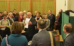 Prof. Nigel F. Palmer, thanking colleagues and friends for fundraising to buy a manuscript in honour of his 70th birthday, Taylor Institution Library, Oxford